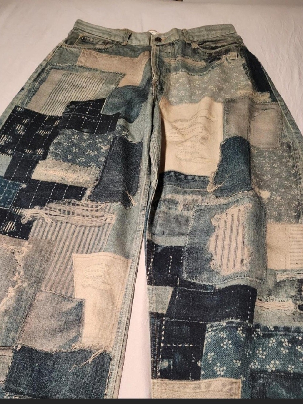 We The Free Womens Patchwork Jeans in Blue and Cream